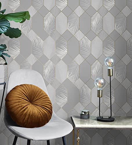 GAULAN - 681284 Papier Peint lessivable géométrique hexagones avec des Feuilles Tropicales pour Mur Salon Chambre Couloir Salle à Mange tête de lit - Rouleaux de 10 m x 0,53 m
