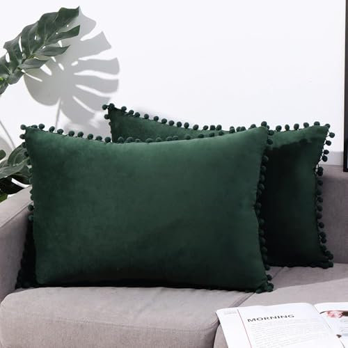 eslohnt Kissenbezug 40x60 Grün mit Pom Pom,2er Set Einfarbig Samt Zierkissenbezüge für Sofakissen Dekokissen,Dekorative für Sofa im Wohnzimmer