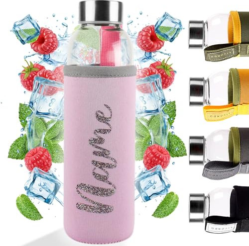 LIVONDO Trinkflasche Glas 0,5 lt. mit Edelstahl Schraubverschluss und Neopren Hülle | Geschirrspüler fest (Liebe - Piruette) | PERSONALISIERT