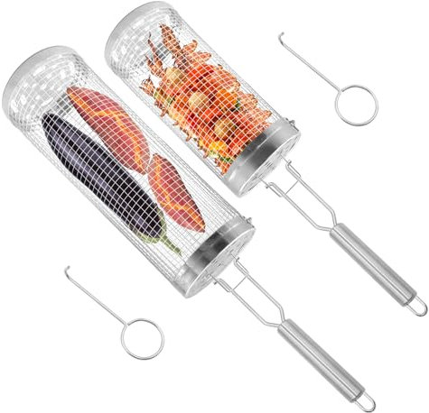 Gebrazy Lot de 2 paniers de barbecue Rolling avec poignée amovible en acier inoxydable - Accessoire de cuisson pour barbecue extérieur - Panier à légumes en acier inoxydable avec fourchette - Pour le