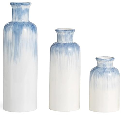 Schmale Kleine Vasen 3er Set aus Keramik für Trockenblumen, Deko Vase für Pampasgras, Blumenvase Schwarz für Tischdeko - Blau