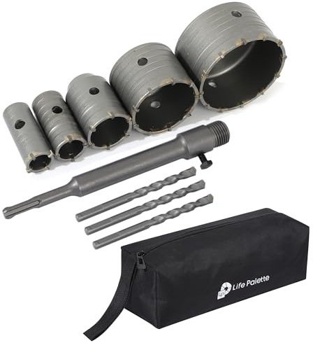 Life Paletten-Lochsägen-Set, Bohrer-Lochschneider-Set mit Lochbohrern für SDS Plus, Hammerbohrer, Kreisbohrer, Lochsägen-Set für Beton, Ziegel, Zement, Steinwand (5, 30 mm, 35 mm, 50 mm, 75 mm, 100
