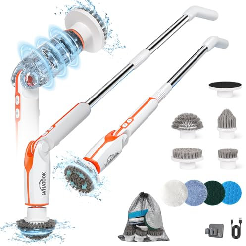 WHATOOK Electric Spin Scrubber,Cordless Powerful Scrub Brush,Adjustable Extension Long Handle & 8 Replaceable Rotating Heads Scrubbing Brush for Cleaning Bathroom, Kitchen, Shower Tub & Floor Tile