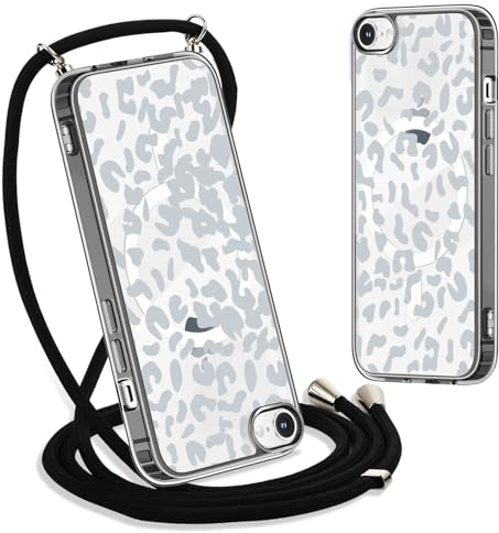 Xylota Handyhülle Handykette für iPhone 8/7/SE 2020/SE2022 4,7 Hülle mit Band,Transparent Magnetisch Case Kompatibel mit Magsafe,Silikon Stoßfest Schutzhülle Kordel Cover mit Aesthetic Muster Leopard
