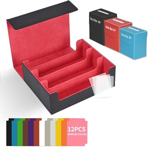 Alishomtll Card Storage Box for Trading Cards, Triple PU Magnetic Closure Card Deck Box Holds 1800+ Cards, with 3 PP Boxes 12 Dividers and 100 Sleeves, for Commander/TCG/CCG, Black & Red