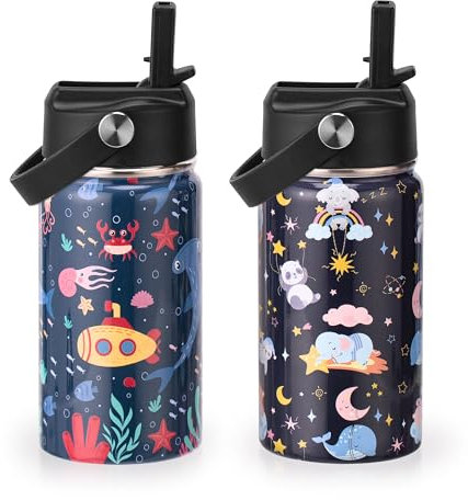 12oz Kids Insulated Water Bottle,Double Wall Vacuum Tumbler,18/8 Stainless Steel Leak Proof Kids Cups with Straw,Metal Water Bottle for School Boys Girls,Underwater World and Sleep