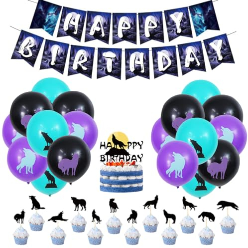 SUNSK Geburtstagsballons Wolf Tier Luftballons Runde Latexballon Happy Birthday Girlande Wolf Kuchen Topper Geburtstag Deko für Jungen 32 Stück