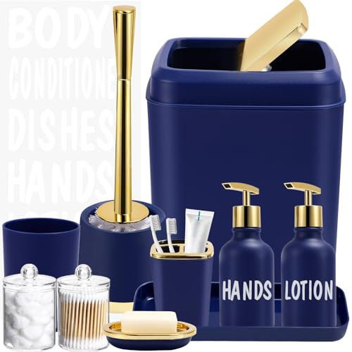 XLHOMO Ensemble d'accessoires de salle de bain 10 pièces bleu marine avec poubelle, distributeur de savon, porte-savon, porte-brosse à dents et gobelet, brosse WC, support Qtip