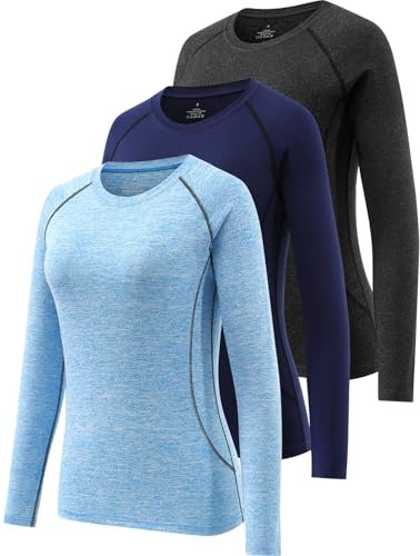 Ullnoy 3 Pack Women's Long Sleeve Gym Tops Quick Dry Workout Running T Shirt Breathable Yoga Sports Crew Neck Thermal Undershirt Black/Navy/Blue S