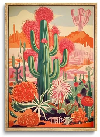 KISSFOX Mexikanisches Leinwand-Poster, Wandkunst, Kaktus, Wüste, tropische Pflanzendrucke, Vintage, Grün, Rosa, Orange, botanisches Blumengemälde, bunt, südwestlich, rustikal, Bilddekoration,