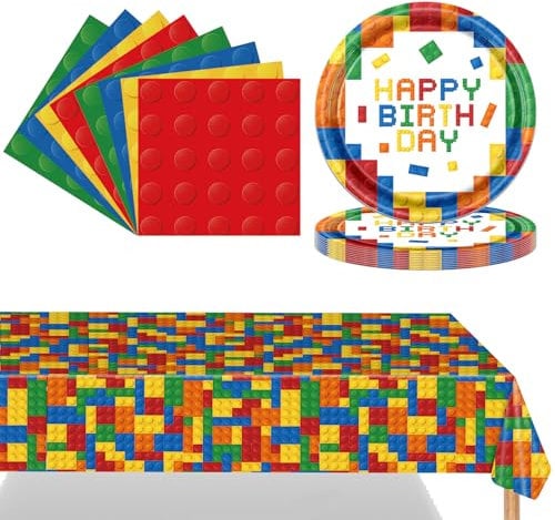 POPOYU 37 Stück Bausteine Partygeschirr Set Mit Teller, Servietten, Tischdecken - Geburtstag Deko Und Dekoration Für Junge Mädchen Kindergeburtstag (16 Gäste)