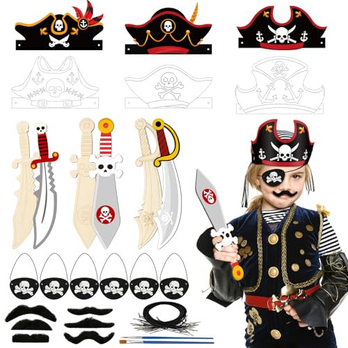 Landifor 6 Stück Piratenhut Bastelset Kinder Piratenschwerter aus Holz Piraten Schwert zum Bemalen Pirat Hut Basteln mit Augenklappe Kreative Holzbastelset für Junge Mädchen Piratenparty Halloween