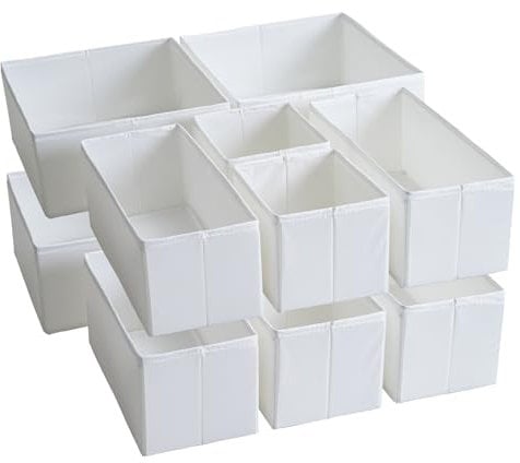 TYEERS Schubladen Organizer, Strapazierfähiger Stoff, Waschbar, mit Bodenstützplatten, Kleine Aufbewahrungsboxen für Badezimmer, Kleiderschrank, Kommode, 12er-Set, Weiß