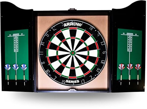 Arrow180 Series Bristle Dartscheibe Schrank Set, Natural Sisal Board Offizielle Turnier Spezifikationen, 2 x 18g Steel Darts Sets, Verstellbarer Zahlenring, Schwarz