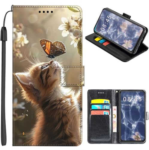 U.DARELIKE Handyhülle für Samsung Galaxy A16 Klappbar Hülle PU Leder Tasche Flip Cover Klapphülle Stoßfeste Schutzhülle mit Kartenfach für Samsung Galaxy A16 Katze Küssen Schmetterling