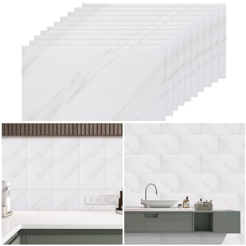 Warmiehomy Marble Tile Stickers 60x30cm 10Pcs Thicken Self Adhesive Wall Tiles,Peel and Stick on Waterproof Vinyl Marble Tiles for Living Room Bedroom Bathroom Kitchen Splashback,Jazz White