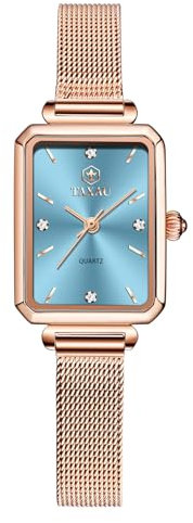 Taxau Eckige Damenarmbanduhr Edelstahl Mesh Armband Damen Armbanduhr Mode Kleid Elegant Rechteckige Damen Uhr Rosegold Wasserdicht Quarzuhr für Mädchen Womens Watch