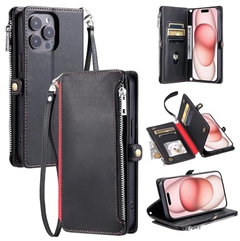 xinyunew Handyhülle Kompatibel mit LG G6 Hülle Premium Lederhülle Reißverschluss Wallet PU Klappbar Flip Case Tasche Magnet Kartenfach Standfunktion Schutzhülle Schwarz