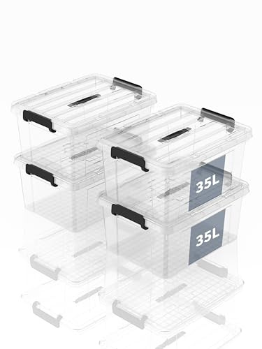 SpaceXpert Aufbewahrungsboxen, Lagerboxen, Tragefähige Kunststoffboxen mit Griff, Stapelfähiger Organisationsbehälter für Schlafzimmer, Unrat, Schule, Transparent, 35L (4er Set)