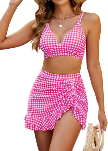 LLECDASEUI Femmes Rétro Imprimé à carreaux Ensembles de bikinis Bikini dos nu avec Jupe taille haute Contrôle du ventre Deux pièces Maillot de bain (XL,Rose)