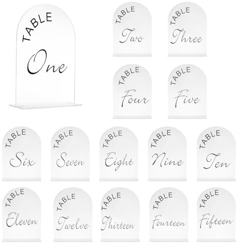 QUARKZMAN 15 Stück Matte Weiße Bogen Acryl Schilder mit Ständer, 5 x 7 Zoll Acryl Bogen Tischnummernhalter für Hochzeit Party Tischdekoration (Nummer 1 15)