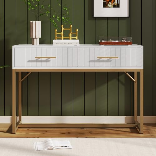 Merax Schminktisch mit 2 Große Schubladen, weiß Frisiertisch Kommode, Kosmetiktisch mit Stauraum und Stabil Metallbeine, Frisierkommode mit goldenen Griffen, für kleine Räume Make-up, 100x45x75cm