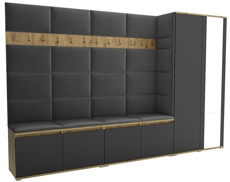 Brent - Garderobenschrank Flur Artisan Eiche Schwarz mit sitzbank 290 cm Breit Luton 5 - Multifunktionale Flurgarderobe Set mit Stauraum und Wandpaneel, Garderobe mit Sitzfläche und Kleiderhaken