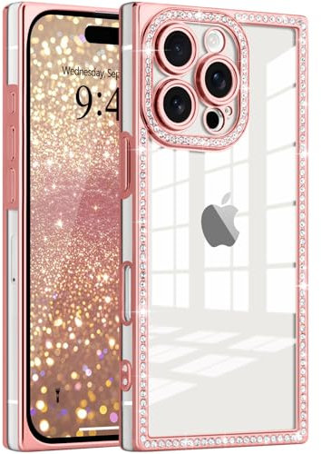 ROSEHUI Glitter Case for iPhone 16 Pro Max,Clear Rectangle Electroplated Sparkle Bumper with Bling Rhinestones Phone Case for Women,Sparkly Diamond Camera Protection Soft Slim TPU Cover-Rose Gold