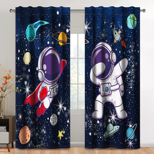 Kzzfqxb 107x160cm Kindervorhänge 2 Paneele, Schwarze Sternen Universum Astronauten Vorhänge, Lustige Fantasie Dekor für Kinder Jungen Mädchen Schlafzimmer Kinderzimmer Wohnzimmer