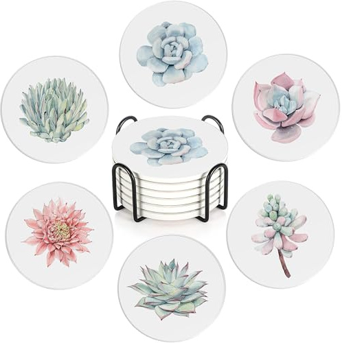 Dessous de verre en forme de bouquet de cactus avec support, dessous de verre en céramique pour tables, dessous en liège pour café/vin, accessoires de cuisine et de bureau