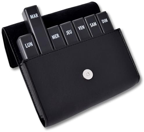 MEDIPILL - Pilulier Semainier Français | Organisation Hebdomadaire des Médicaments | 28 Compartiments | 7 Jours, 4 Moments de Prise par Jour | Sacoche Aimantée Incluse | Une pièce | Noir | MED-S28M-NN