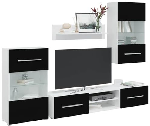 Hommdiy 5-TLG. Wohnwand mit LED-Beleuchtung Mattweiß Holzwerkstoff, TV-Möbel, Medienwand, Medienschrank, Schrankwand, Anbauwand, Entertainment-Möbel Matt-Schwarz