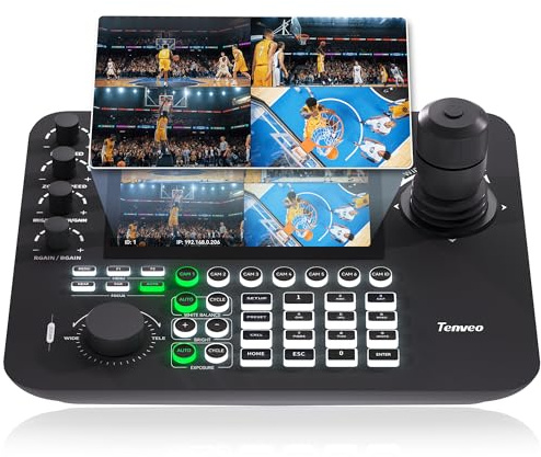 Tenveo Contrôleur de Caméra PTZ IP NDI avec Aperçu sur Écran Quadruple de 7, Clavier de Commande à Joystick 4D pour Streaming d'Église Événements en Direct, Support NDI PoE VISCA Pelco-D/P
