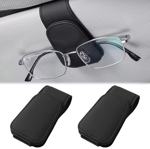 Wefaly 2 Stück Brillenhalter für Auto, Magnetische Sonnenbrillenhalter Auto Sonnenbrillen Halter Auto Leder Sonnenblende Organizer für Alle Arten Von Gläsern Geeignet (Schwarz)