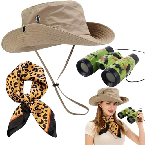 DTAOZFA Frauen Safari Kostüm, Faltbare Sonnenhut, Kostüm des Archäologen, Rollenspielkostüm Halloween, Fischerhut/Teleskop/Nackenband safari kleidung damen
