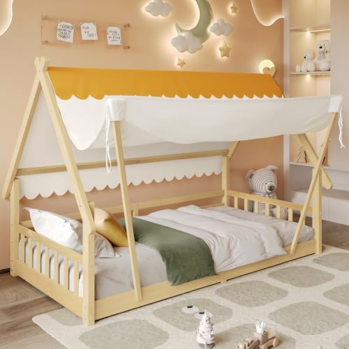 Oslghy Kinderbett 90x200, Holzbetten Bodenbett mit Rausfallschutz und Lattenrost, Bett für Kinder mit Dach, Hausbett mit Zaun für Jungen & Mädchen, Das Zelt ist Abnehmbar, Natur, Kiefer, ohne Matratze