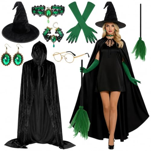 TOYTOPIE Witch Costume Set for Women, Carnival Cosplay Outfit with 150cm Hooded Cloak, Witch Hat, Broom, Glasses, Jewellery, Nail Gloves Accessories for Halloween Carnival Cosplay Fancy Dress Party