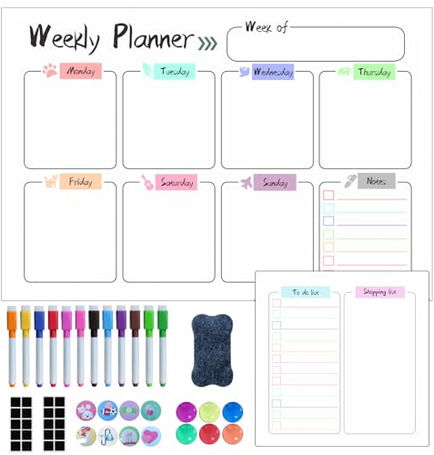 Prelisee 2 Pcs Whiteboard Magnetic for Fridge & Smooth Wall, A3 Dry Wipe Weekly Planner Magnetic Fridge Can Be Used As Meal Planner,to Do List,Family Planner,with 12 Markers, Eraser,14 Fridge Magnets