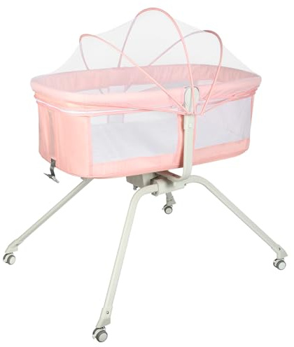 homewell 2 in 1 Babybett & Babywiege, Kinderreisebett, Stubenwagen Baby mit Moskitonetz, Reisebett für Babys, von 0 bis 9 kg, schnelle Montage (Rosa)