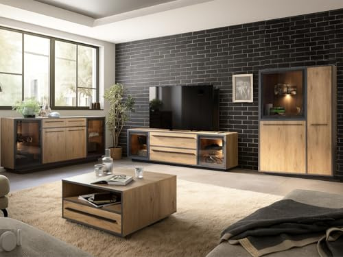 moebel-dich-auf Wohnwand Nardo in Wildeiche Verschiedene Board-Sets, Lowboard, Sideboard, Couchtisch, Highboard, Softclose, inkl. LED-Beleuchtung