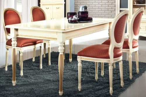 Casa Padrino Luxus Barock Esszimmer Set Creme/Gold/Orange - Ausziehbarer Küchentisch mit 6 Esszimmerstühlen - Esszimmermöbel im Barockstil