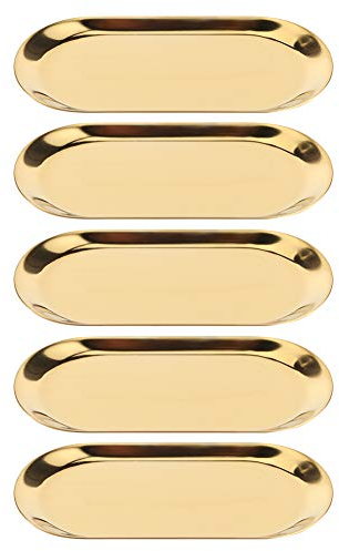 5PCS Oval Shaped Serving Tray Stainless Steel Platter Sink Vanity Trays for Bathroom Cosmetics Jewelry Organizer Towel (Gold)