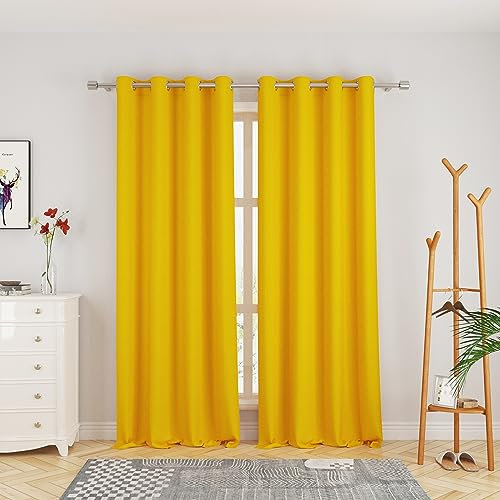 UPOPO Yellow Curtains Kitchen Privacy Semi Sheer Linen Textured 92 inch Length Living Room Divider Bedroom Drapes Basement Sliding Glass Door Window Treatment Patio Curtain 2 Panels Grommet Top