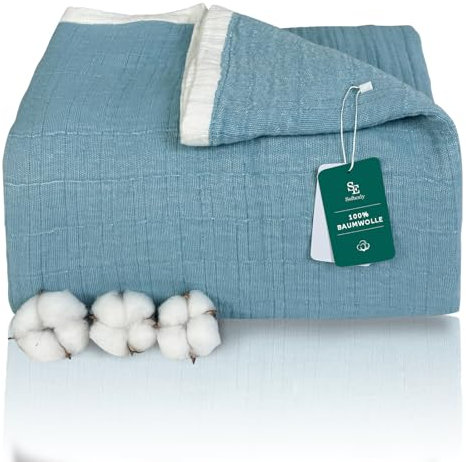 SE SOFTEXLY Kuscheldecke Baumwolle 100%, 4-lagige Weiche Kuscheldecke Musselin Tagesdecke, Bett-Überwurf Sommerdecke Sofadecke Wohndecke für Ganze Saison als Sofaüberwurf Hellblau Blanket 150x200cm