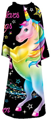 PEIHUODAN Kuscheldecke Mit Ärmeln Kinder Mädchen 6-12 Jahre 115x130 cm Winter Weiche TV-Decke Fleece Flanell Tagesdecke Ärmeldecke Lazy Einhorn Motiv Warmer Poncho Kuscheldecke Flauschig (Schwarz)