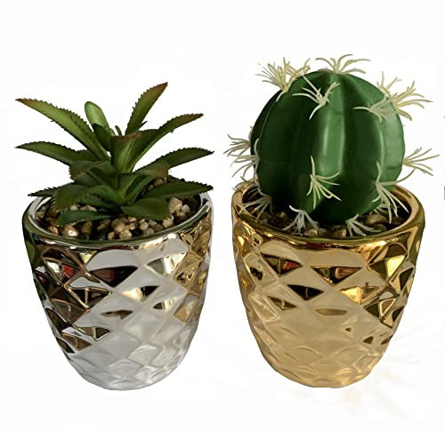 Leaf Lot de 2 Pots de Fleurs en céramique avec Plantes succulentes artificielles Argenté/doré 15 cm