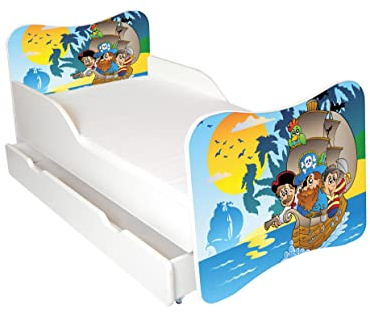 AS-TOR Kinderbett Jugendbett Wiki 80x160 mit Matratze und Schublade - Bett Schlafzimmer Kindermöbel Kinderbetten für Mädchen und Junge, Hochwertige Möbelplatte, Solide und Sicher, Piraten