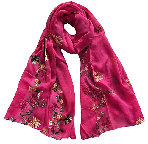 Lina & Lily Damen Schal mit Blumen Bestickt in Verschiedenen Farben (Dunkelrosa)