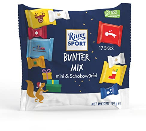Ritter Sport Bunter Mix Beutel, Adventskalender, Mischung aus 7 Mini-Tafeln & 10 Schokowürfeln, bunte Schokoladenvielfalt zum Teilen & Verschenken, ideal als Geschenk für Kinder & Erwachsene, 195 g
