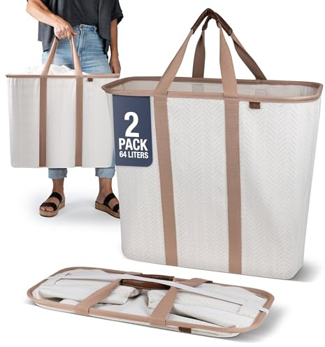 CleverMade Collapsible Laundry Basket, Premium Large Foldable Clothes Hamper, Laundry Tote Carry All Bin XL Pop-Up Caddy with Handles, 2 Pack, Cream Herringbone